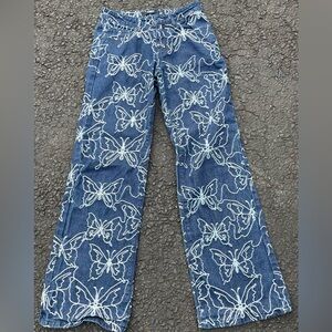 Y2K Festival Grunge Goth Blue Butterfly Pattern Denim Womens Low Rise Flare 25"